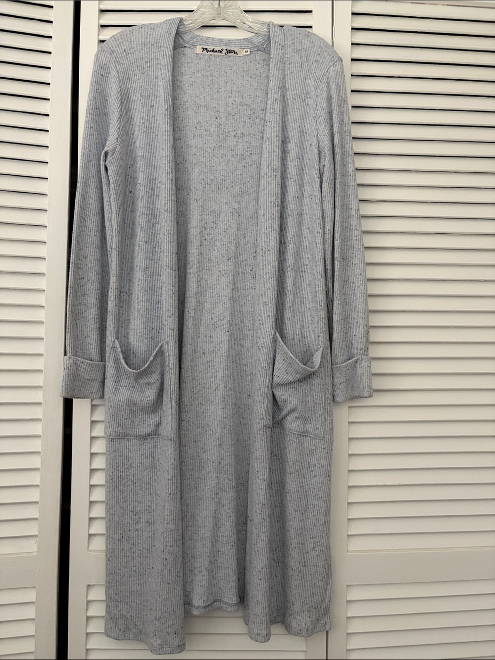 MICHAEL STARS Speckled Light Blue Ribbed Open-Front Duster Cardigan